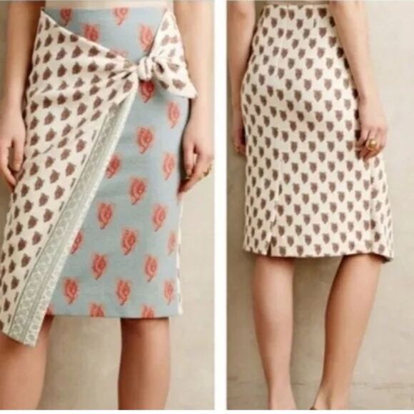 Anthropologie Maeve Women's Size 6 Faux Wrap Pencil Skirt Side Tie Textured EUC! - Picture 2 of 12